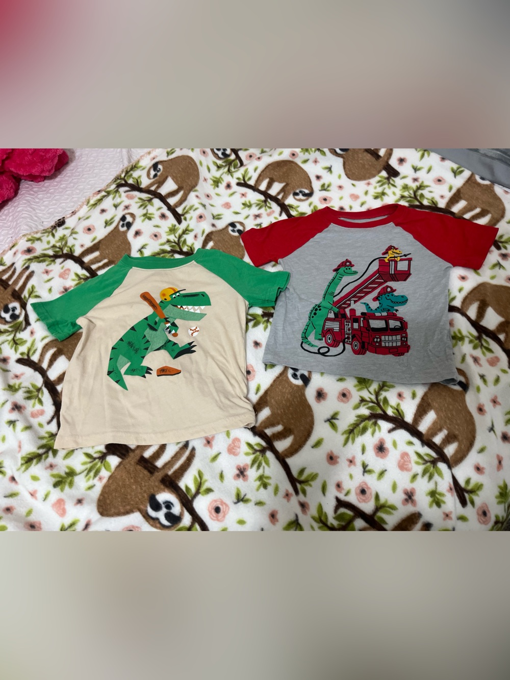 Kids Dinosaur Graphic Raglan (two) T-Shirt- Green & Red / 3T